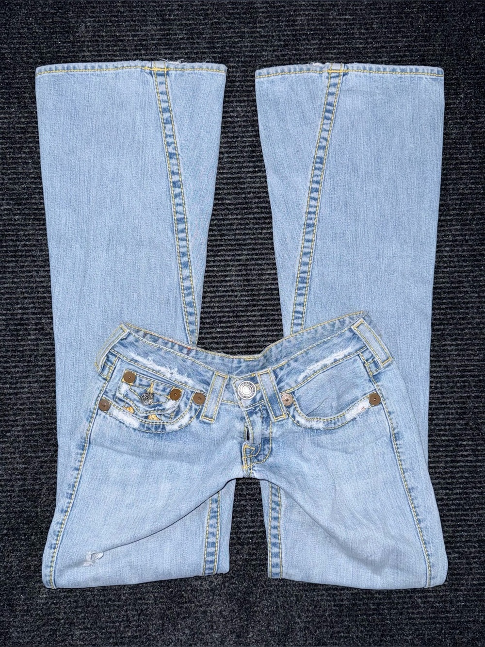 RARE Vintage True Religion Ultra Low Rise Twisted Flare Jeans Distressed 27 x 33